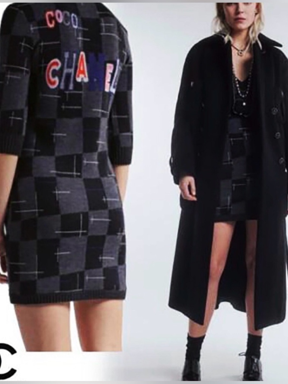 CHANEL Black and Gray Checker Knit Mini Dress with Color-Blocked Logo